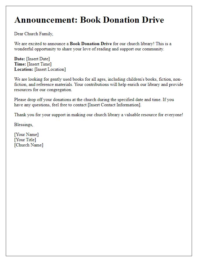 Letter template of announcement for church library book donation drive