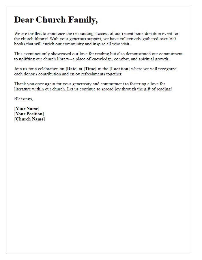 Letter template of celebration for successful church library book donation event