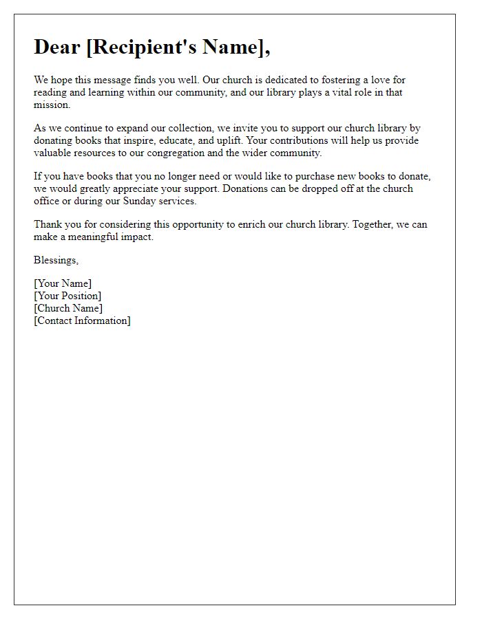 Letter template of invitation to support church library through book donations