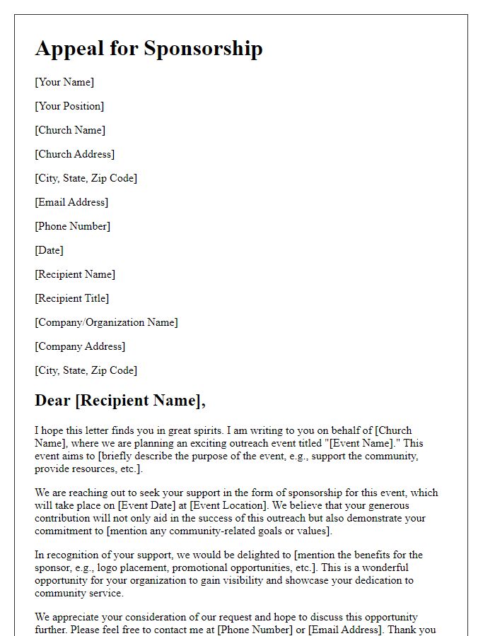 Letter template of appeal for sponsorship for church outreach event.