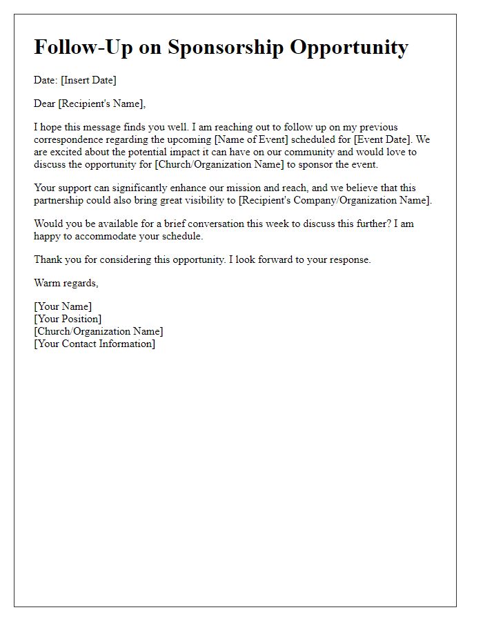 Letter template of follow-up for potential church event sponsorship.