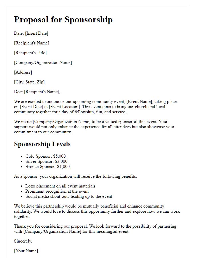 Letter template of proposal for church community event sponsorship.