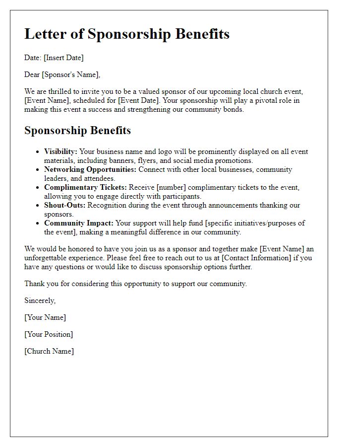 Letter template of sponsorship benefits for local church event.