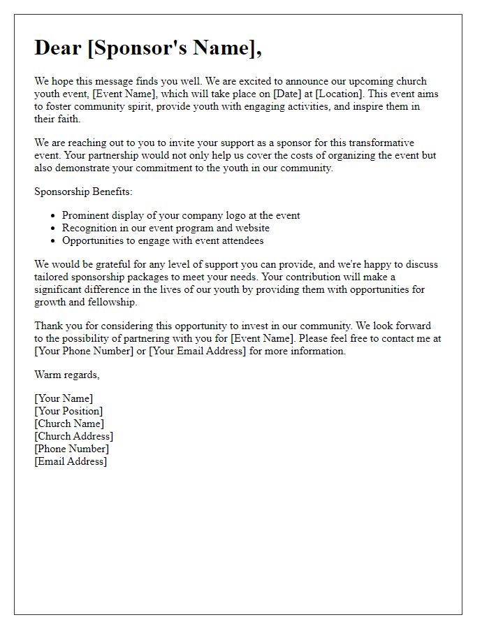 Letter template of sponsorship opportunity for church youth event.