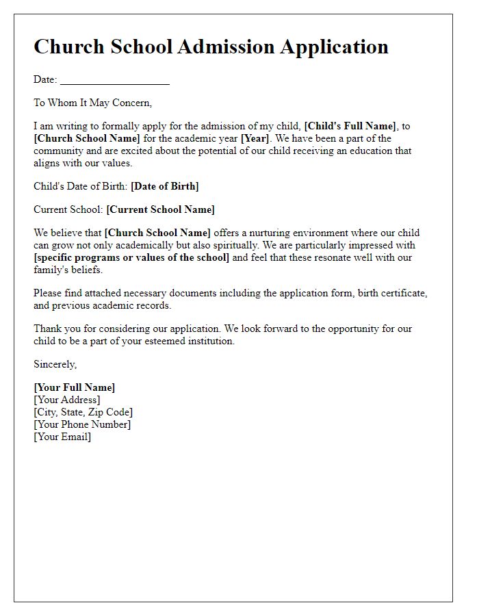 Letter template of church school admission application