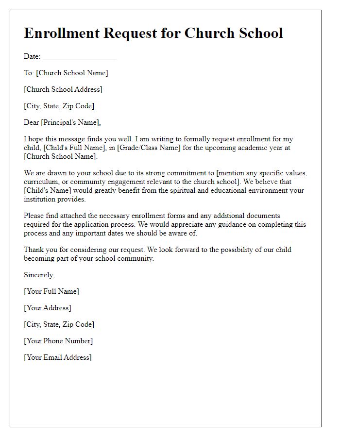 Letter template of church school enrollment request