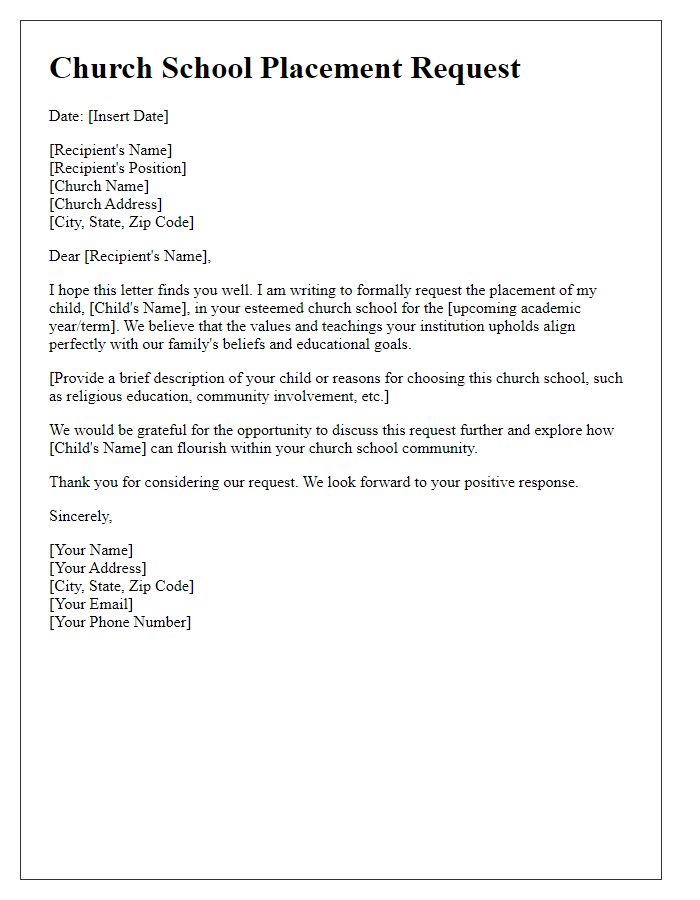 Letter template of church school placement request