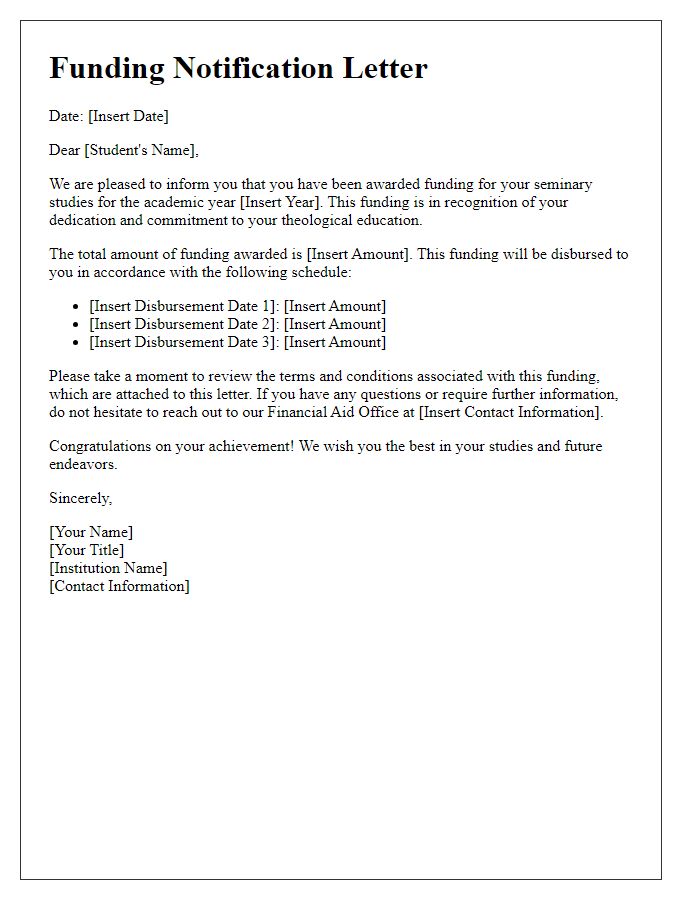 Letter template of Funding Notification for Seminary Student