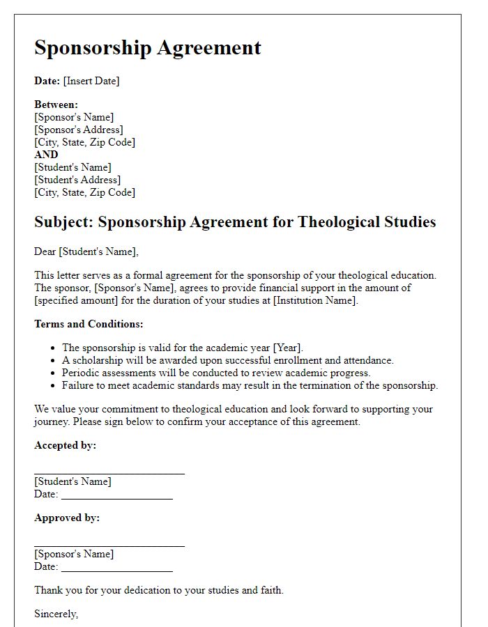 Letter template of Sponsorship Agreement for Theological Students