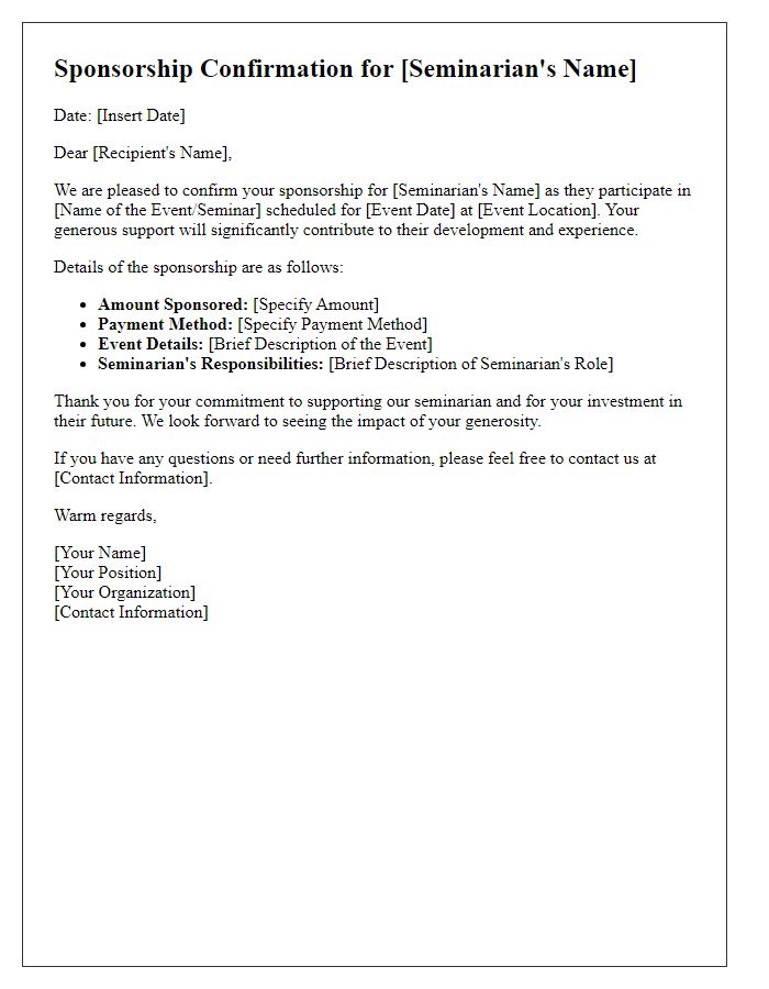 Letter template of Sponsorship Confirmation for Seminarian