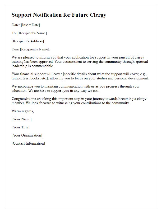 Letter template of Support Notification for Future Clergy