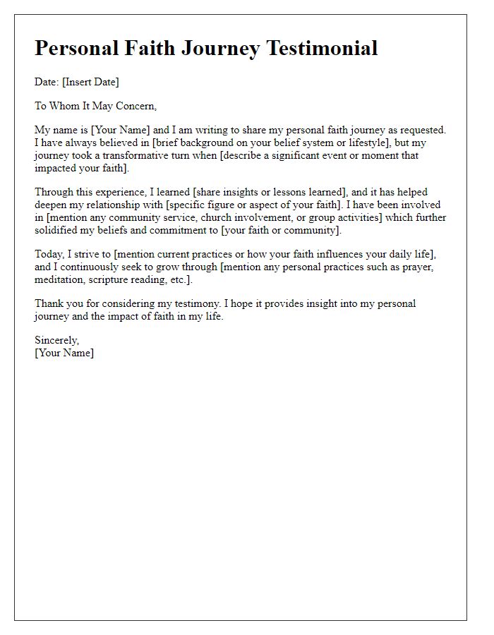 Letter template of Personal Faith Journey Testimonial Submission