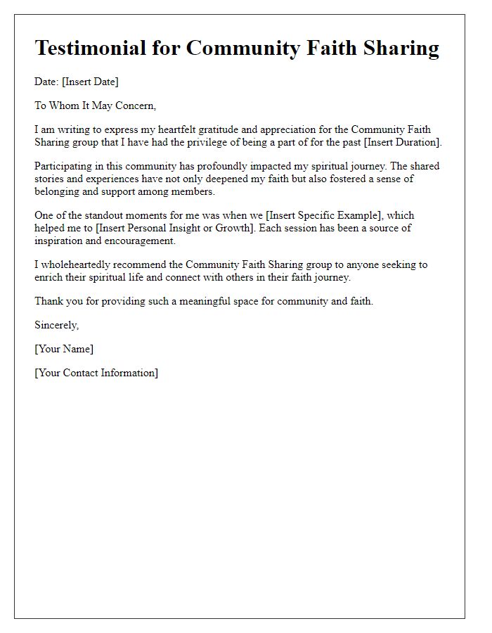 Letter template of Testimonial for Community Faith Sharing