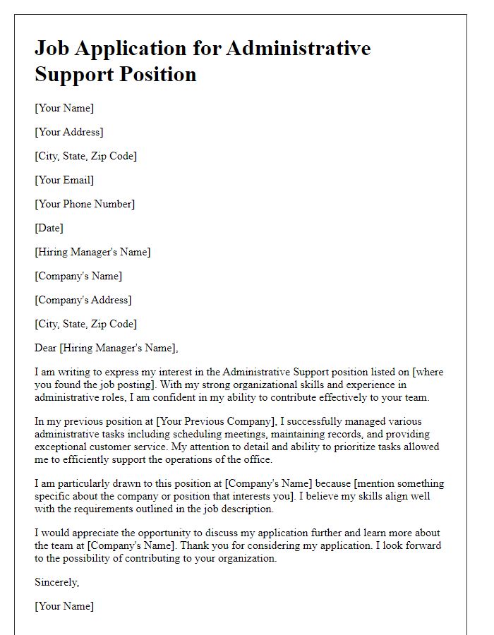 Letter template of job application for administrative support opportunity