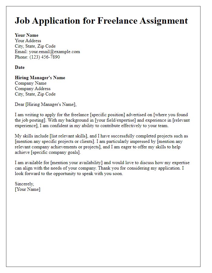 Letter template of job application for freelance assignment