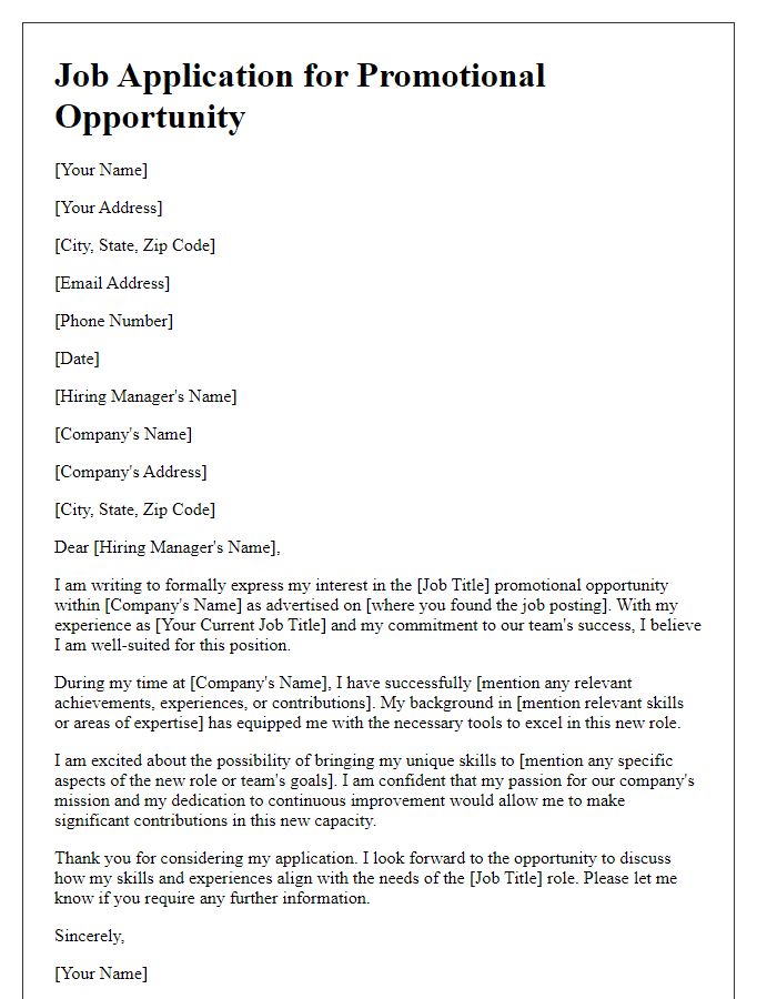 Letter template of job application for promotional opportunity