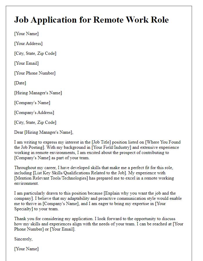 Letter template of job application for remote work role