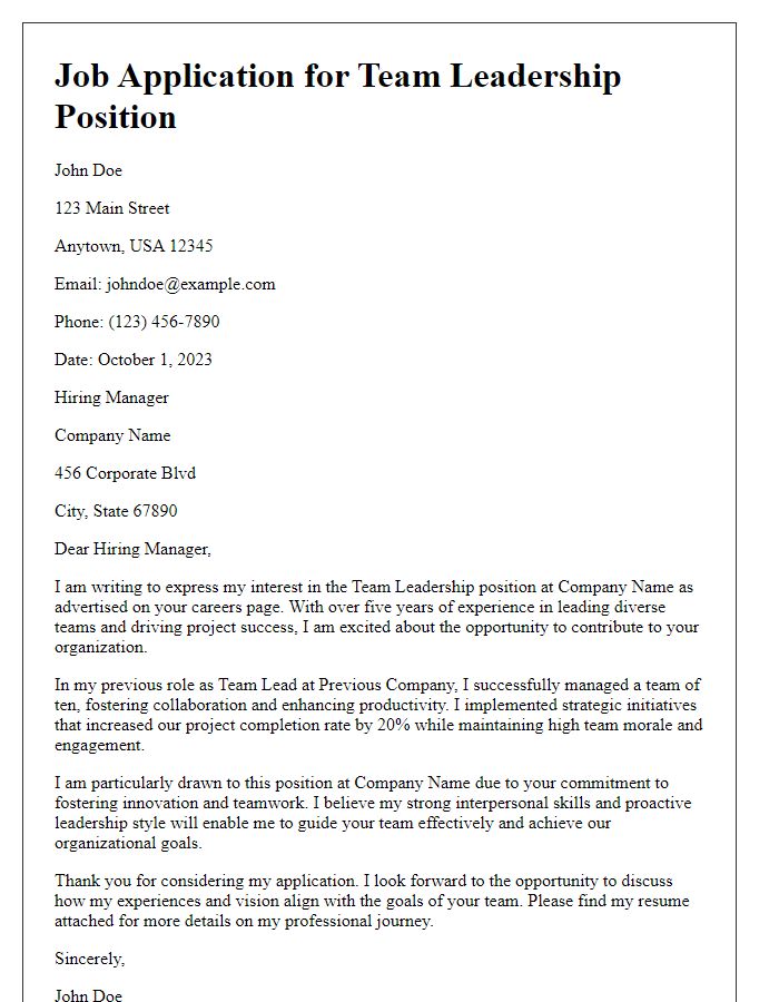 Letter template of job application for team leadership position