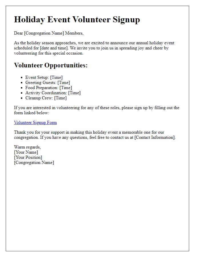 Letter template of holiday event volunteer signup for the congregation.