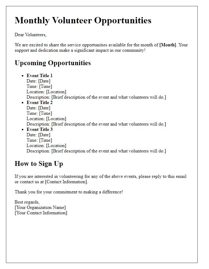 Letter template of monthly service opportunities for volunteers.