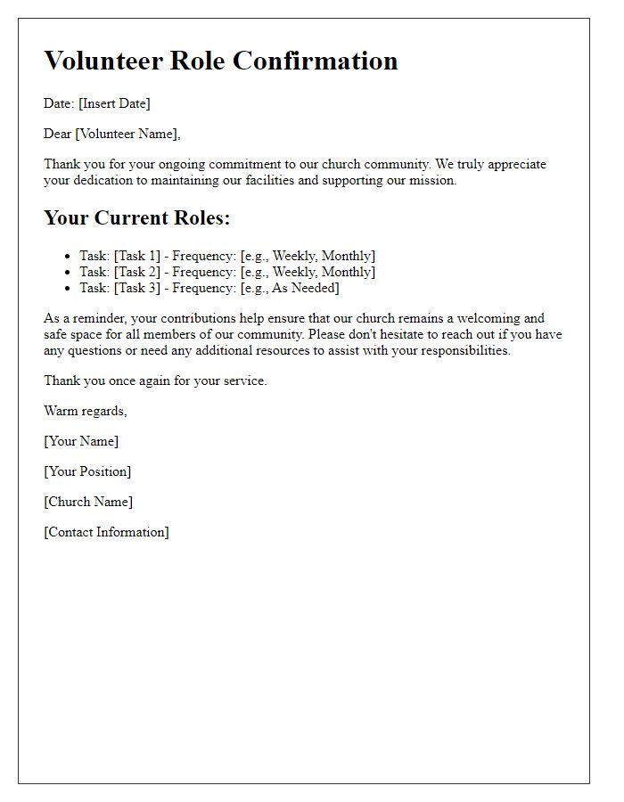 Letter template of ongoing volunteer roles for church maintenance.