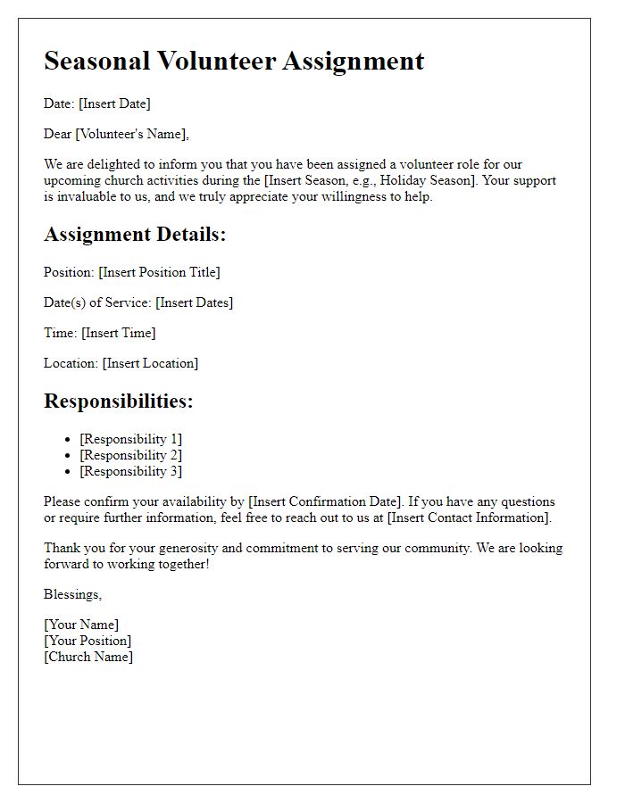 Letter template of seasonal volunteer assignments for church activities.