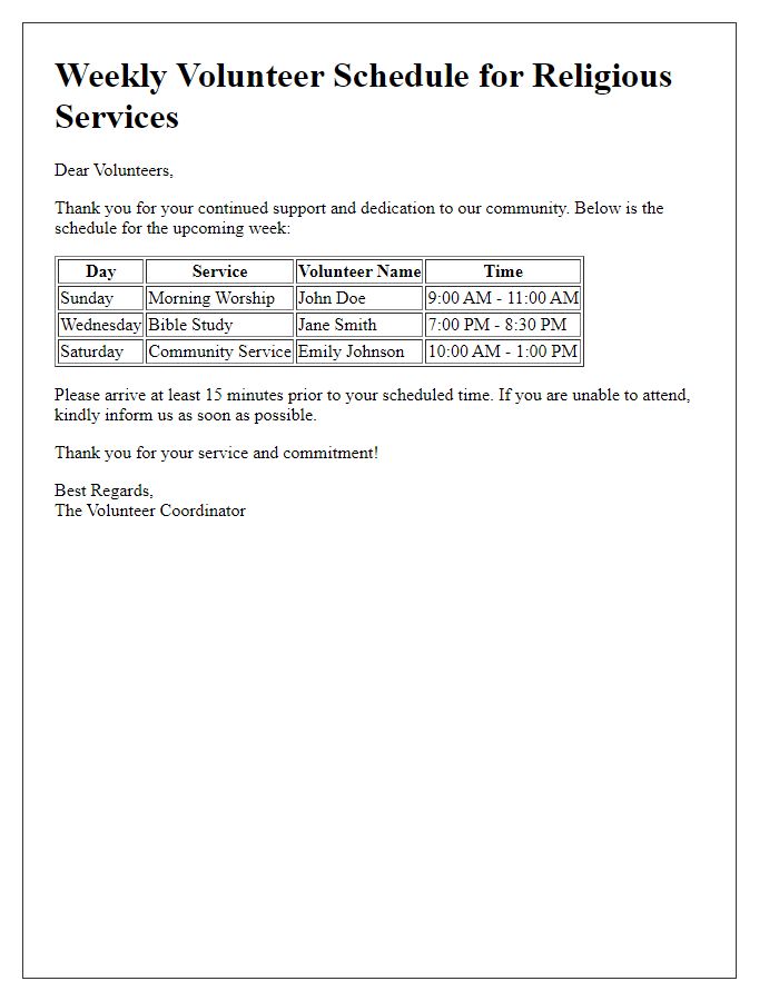 Letter template of weekly volunteer schedule for religious services.