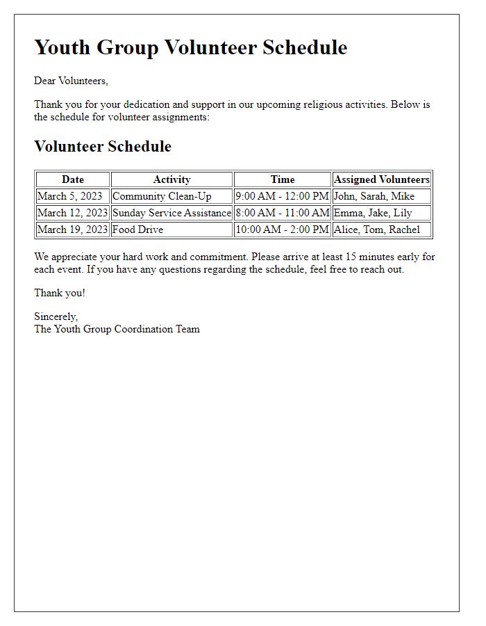 Letter template of youth group volunteer schedule for religious activities.