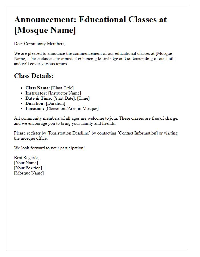 Letter template of mosque oratory announcement for educational classes.