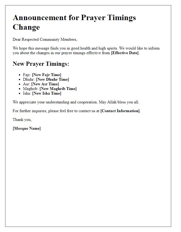 Letter template of mosque oratory announcement for prayer timings changes.