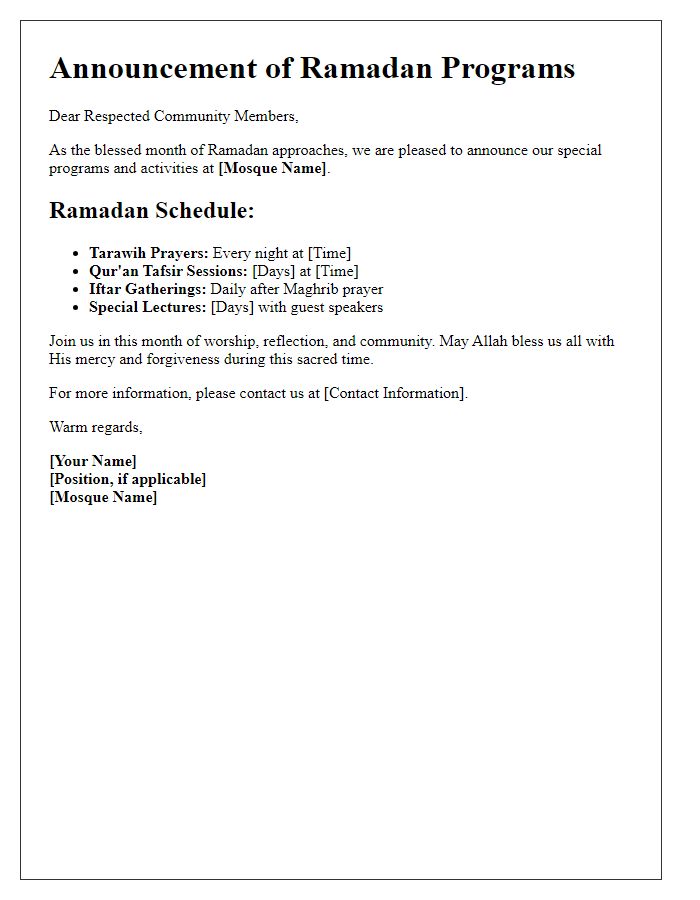 Letter template of mosque oratory announcement for Ramadan programs.