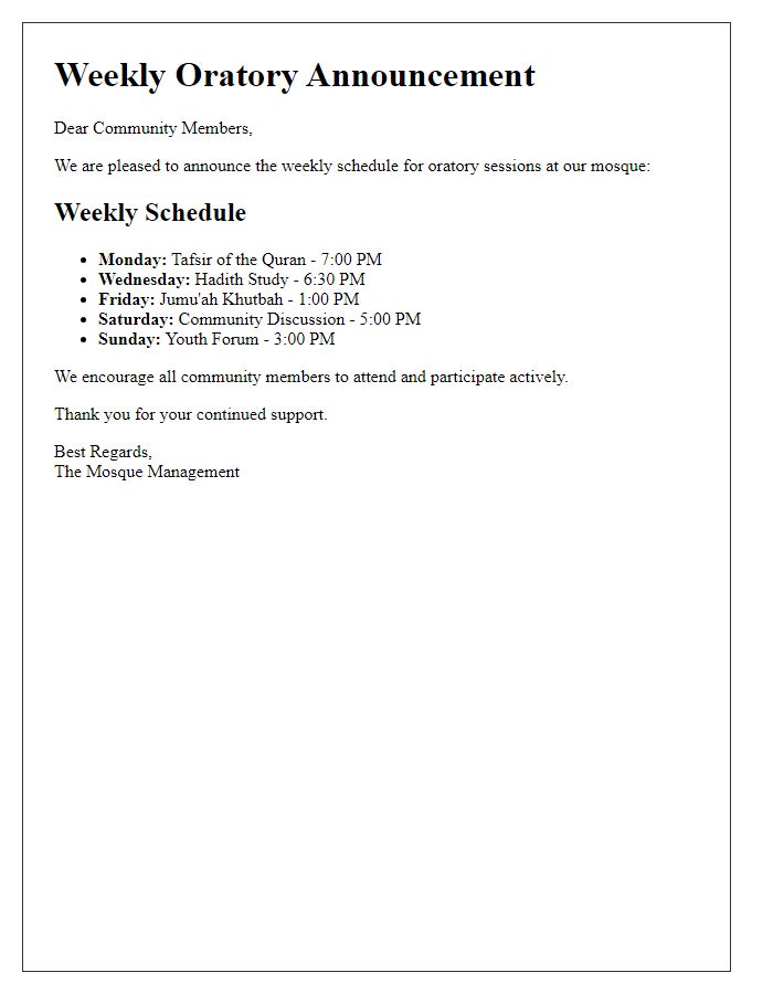 Letter template of mosque oratory announcement for weekly schedule.