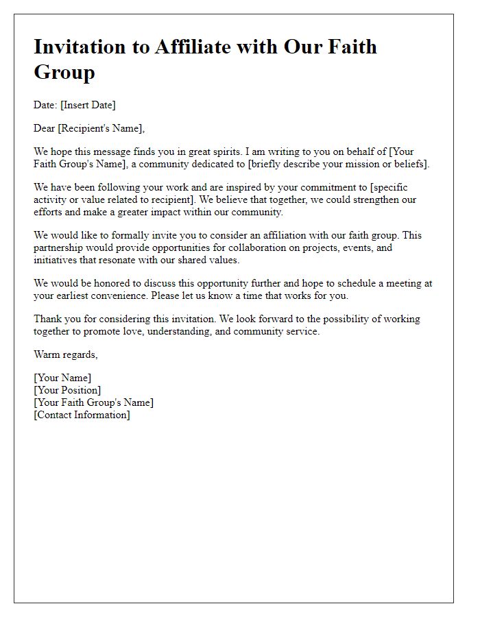 Letter template of affiliation invitation for our faith group