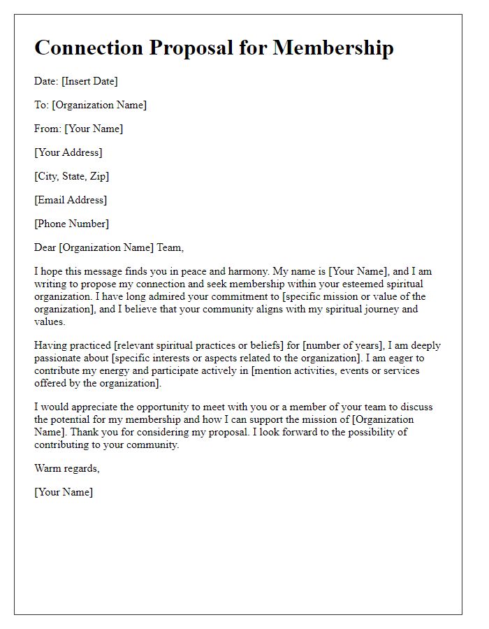 Letter template of connection proposal for spiritual organization membership