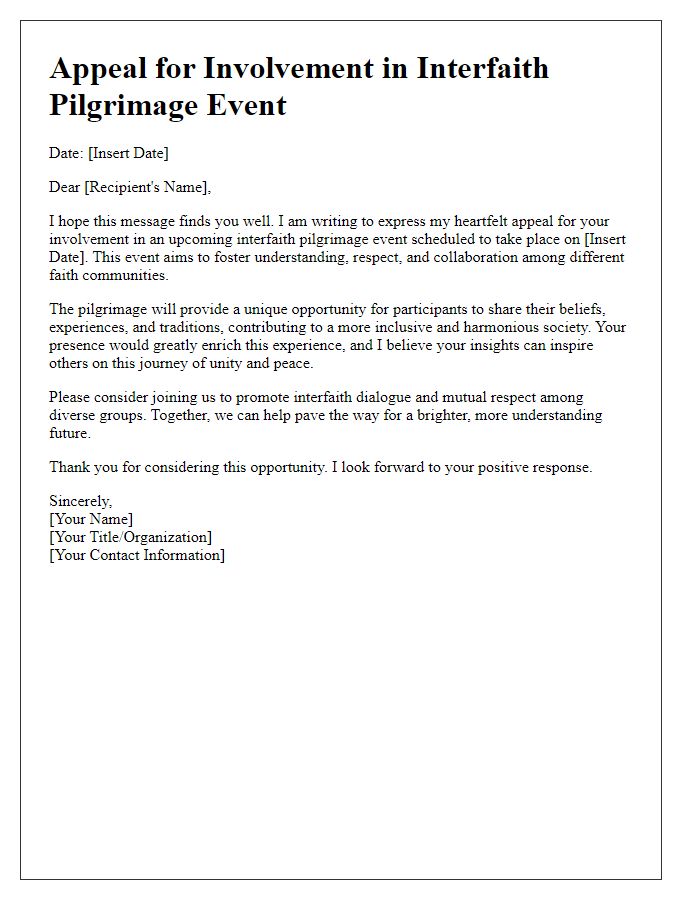 Letter template of appeal for involvement in an interfaith pilgrimage event.