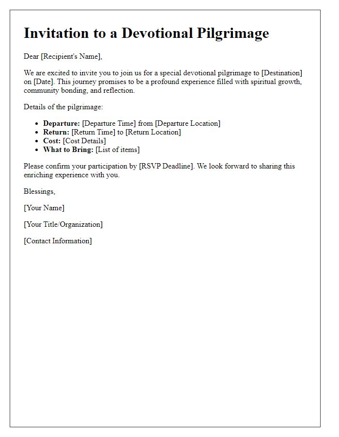 Letter template of fellowship invitation for a devotional pilgrimage.