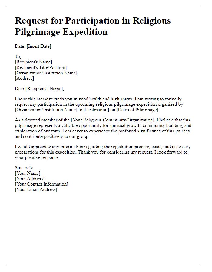 Letter template of request for joining a religious pilgrimage expedition.