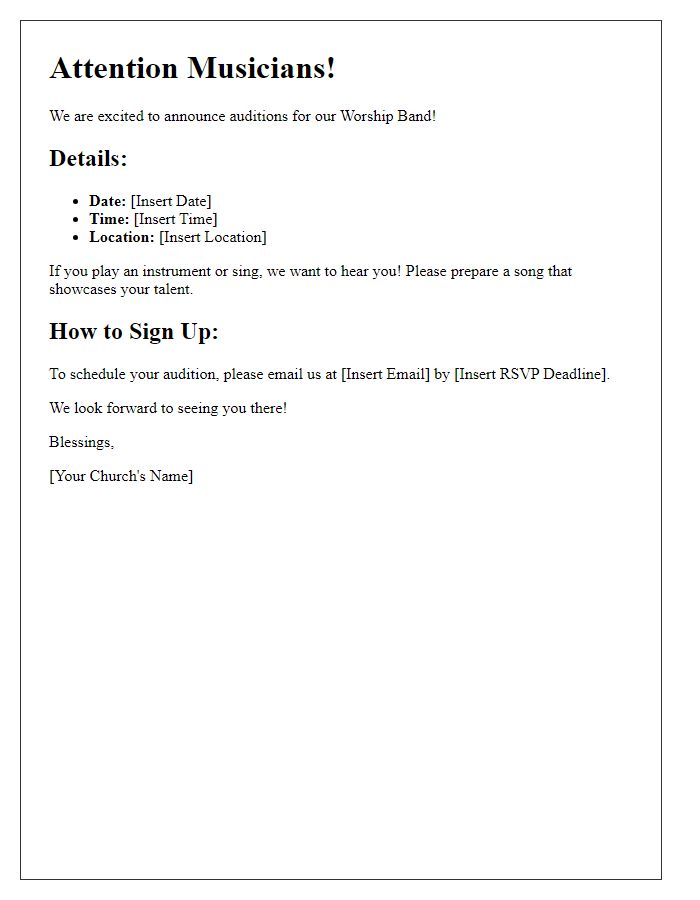 Letter template of announcement for worship band tryouts