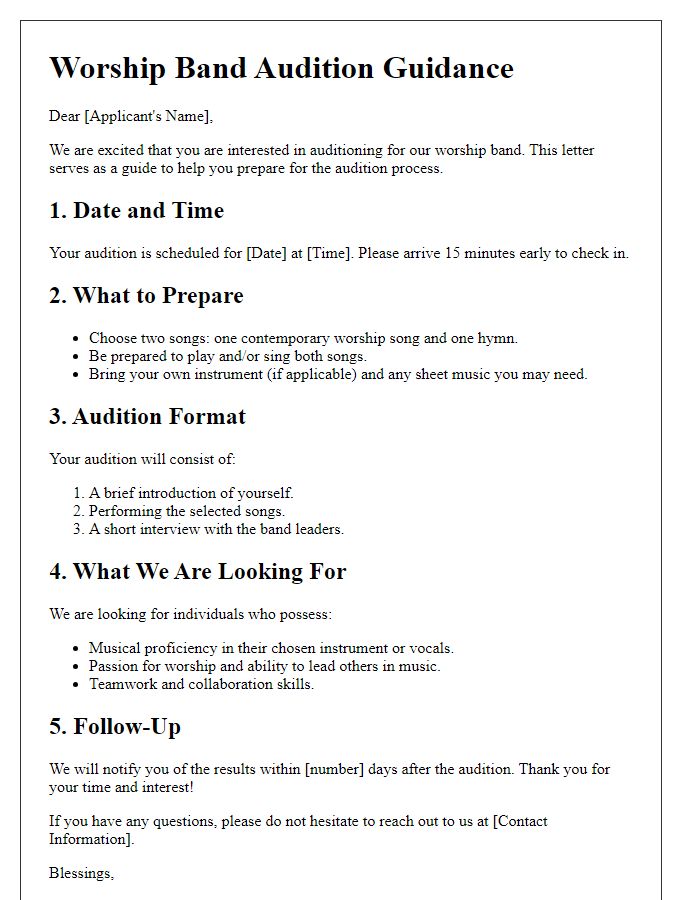 Letter template of guidance for worship band audition process