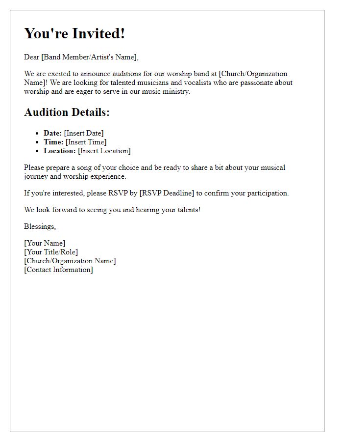 Letter template of invitation for worship band auditions