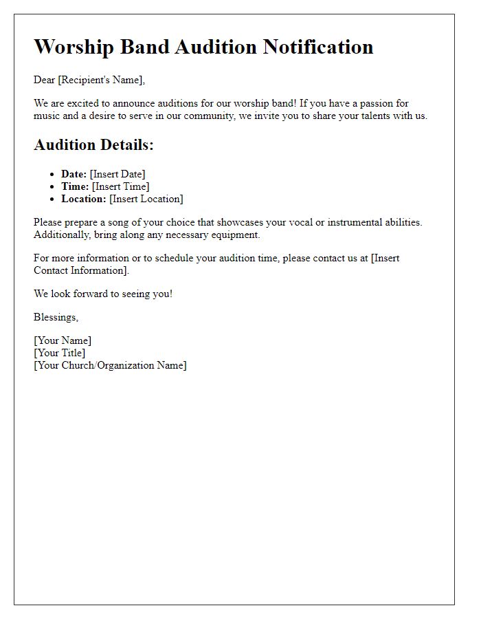 Letter template of notification for worship band auditions