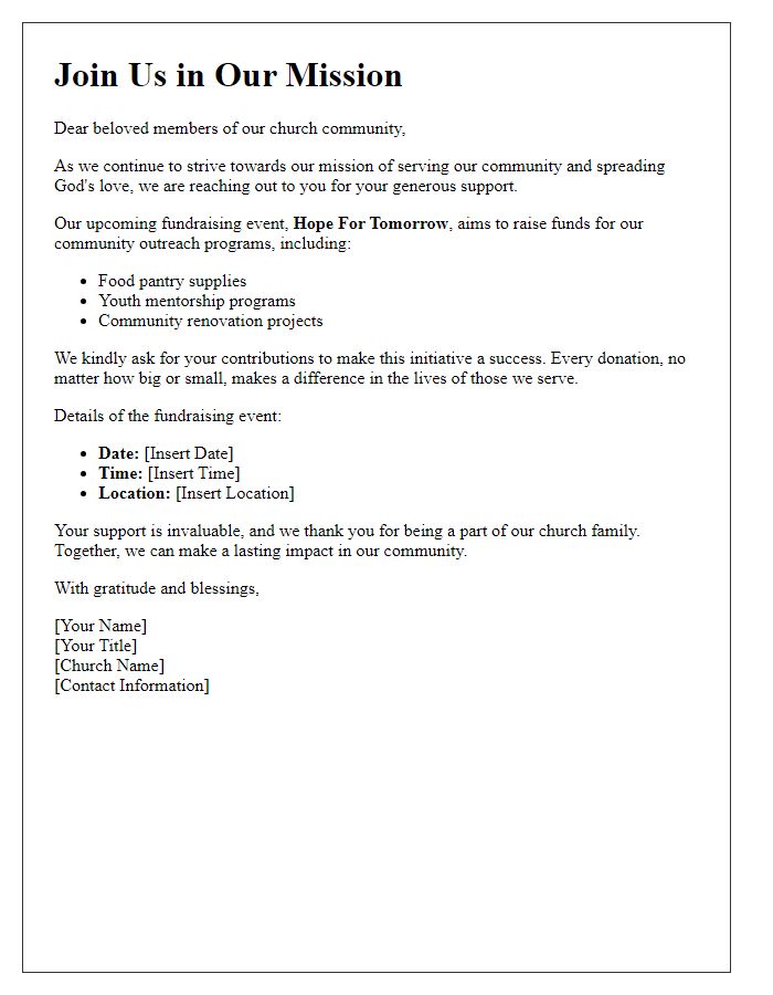 Letter template of church newsletter contribution appeal for fundraising efforts