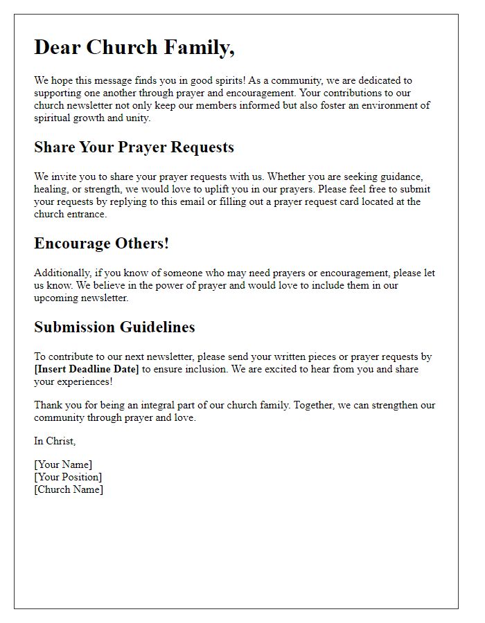 Letter template of church newsletter contribution encouragement for prayer requests