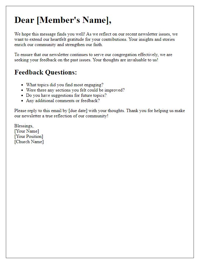 Letter template of church newsletter contribution feedback request for past issues