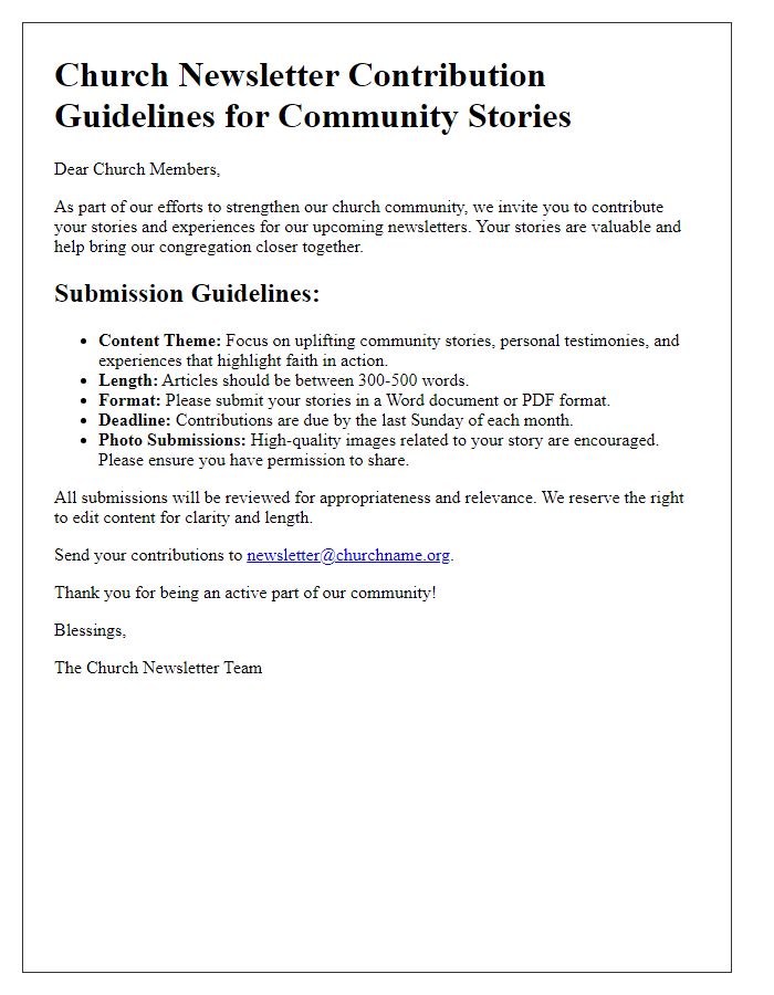 Letter template of church newsletter contribution guideline for community stories