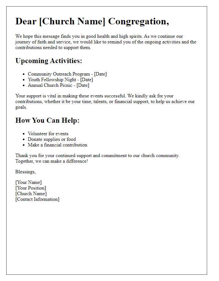 Letter template of church newsletter contribution reminder for ongoing activities