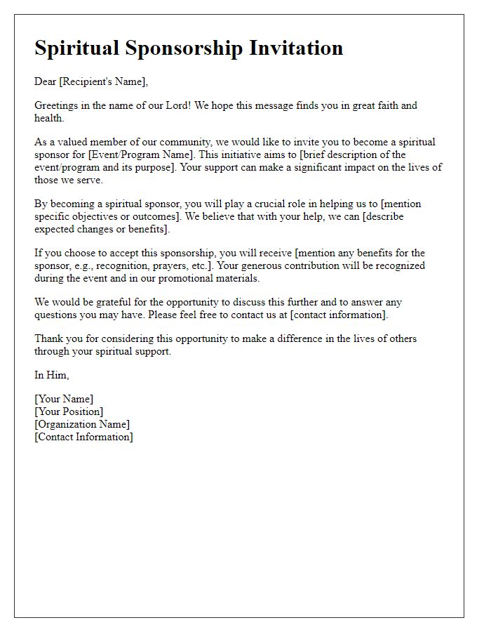 Letter template of spiritual sponsorship message for faith-based organizations.