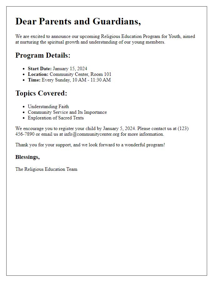 Letter template of religious education program for youth