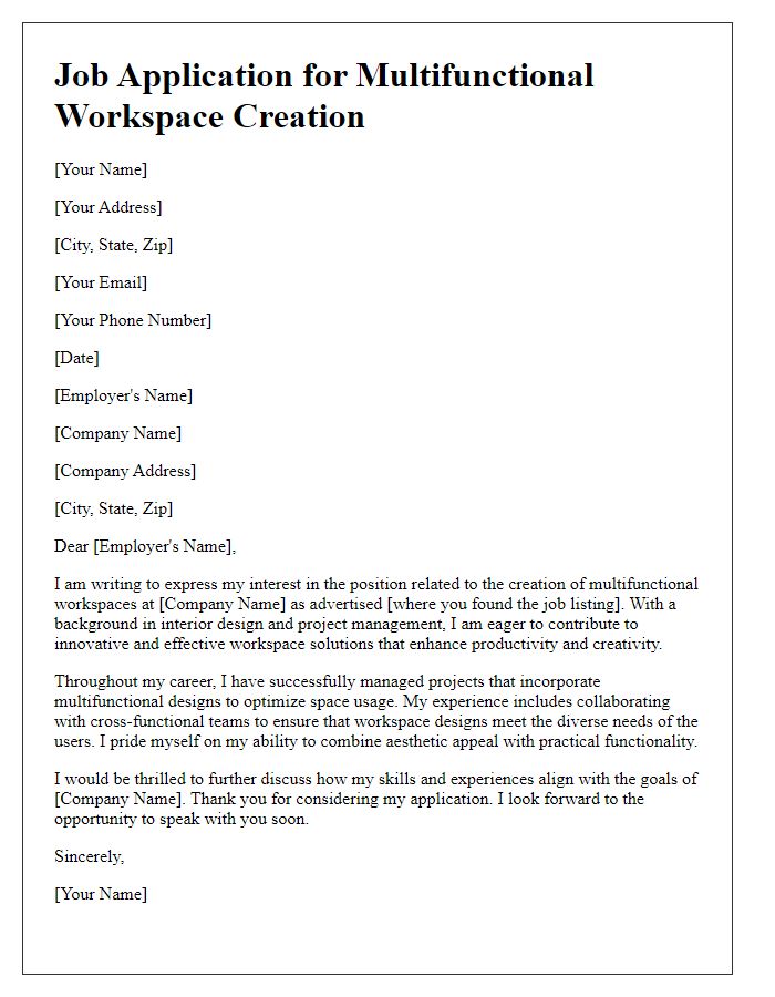 Letter template of job application for multifunctional workspace creation.