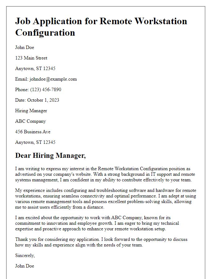 Letter template of job application for remote workstation configuration.